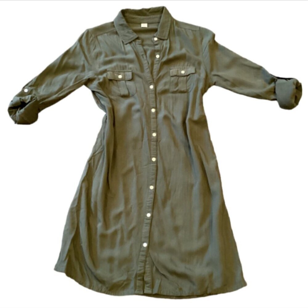 Old Navy Shirt Dress Pockets Roll Tab Sleeves Army Khaki Green Sz S #187J - Picture 1 of 8